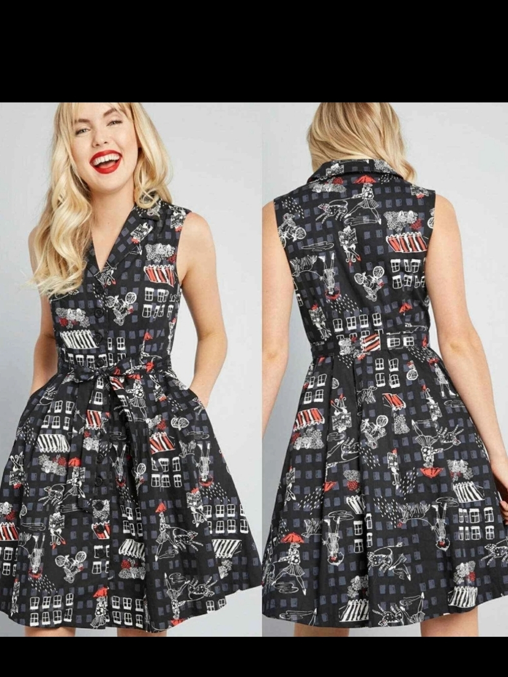 Modcloth Black Pinup Sleeveless Community Brunch Cotton Rockabilly Midi Sz L NWT